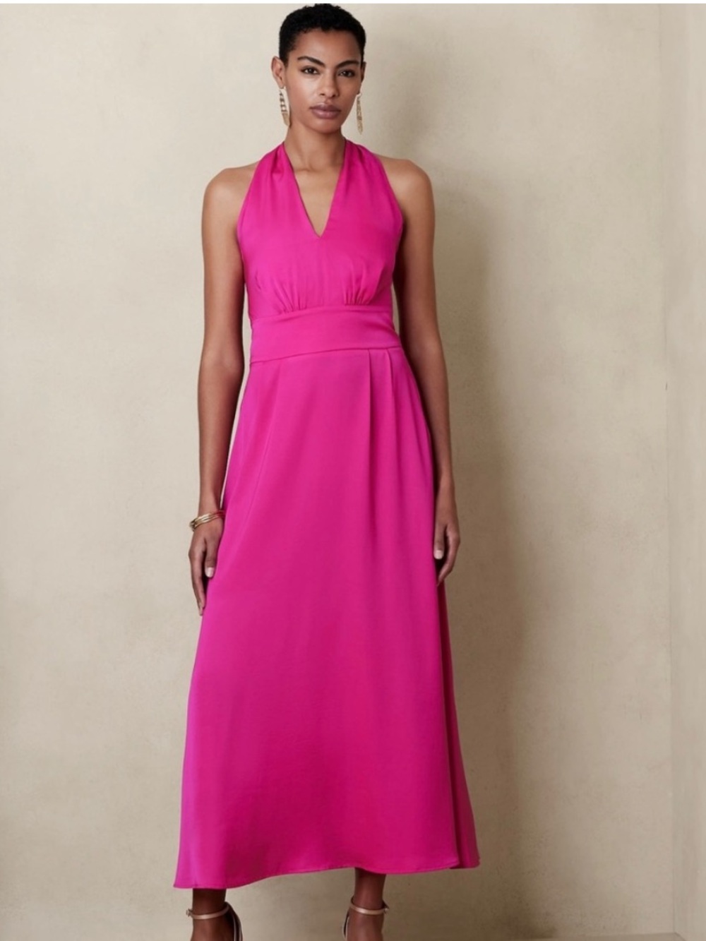 NWT Banana Republic Pink Fuchsia Tie-Back Halter V-Neck Satin Maxi Dress Size 10